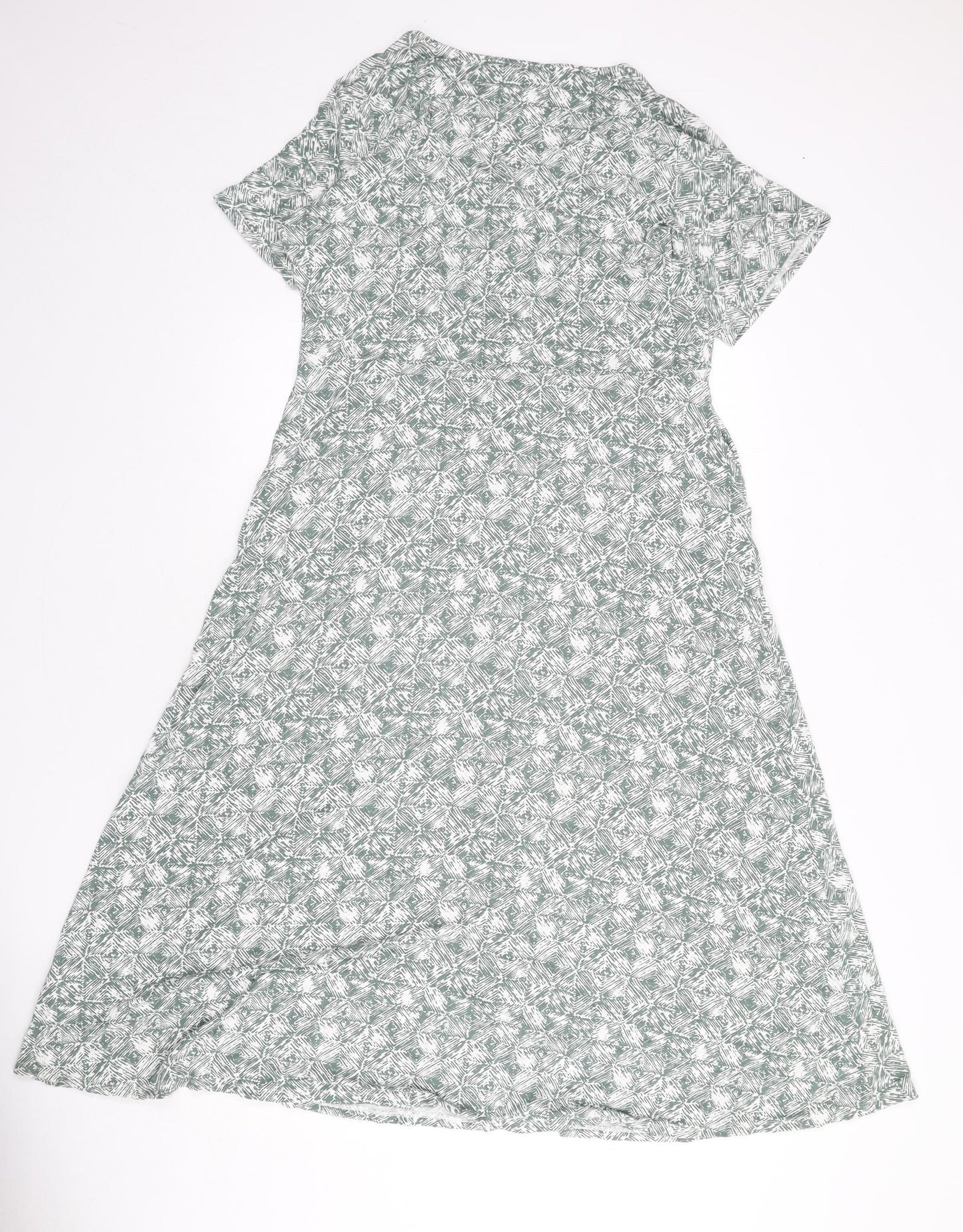 White Stuff Womens Green Geometric Viscose A-Line Size 14 V-Neck Button