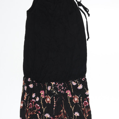 LASCANA Womens Black Floral Viscose Sheath Size 10 Round Neck Tie - Keyhole Cut Out