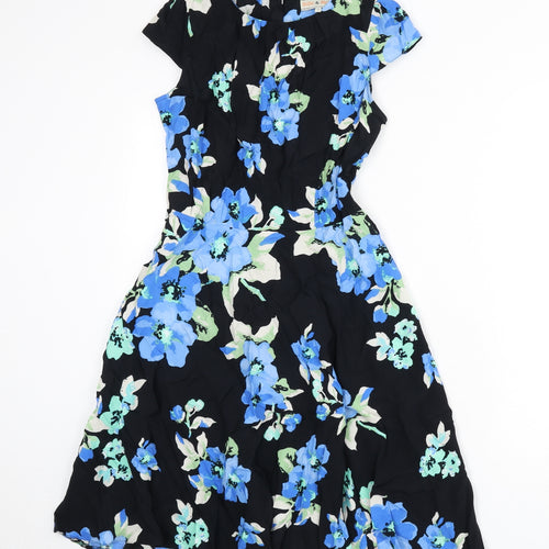 Billie & Blossom Womens Black Floral Viscose Fit & Flare Size 10 Round Neck Button - Cut Out Back Detail