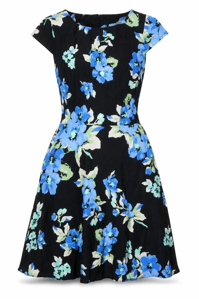 Billie & Blossom Womens Black Floral Viscose Fit & Flare Size 10 Round Neck Button - Cut Out Back Detail