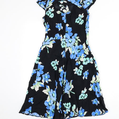 Billie & Blossom Womens Black Floral Viscose Fit & Flare Size 10 Round Neck Button - Cut Out Back Detail