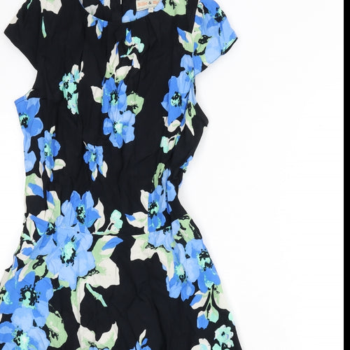 Billie & Blossom Womens Black Floral Viscose Fit & Flare Size 10 Round Neck Button - Cut Out Back Detail