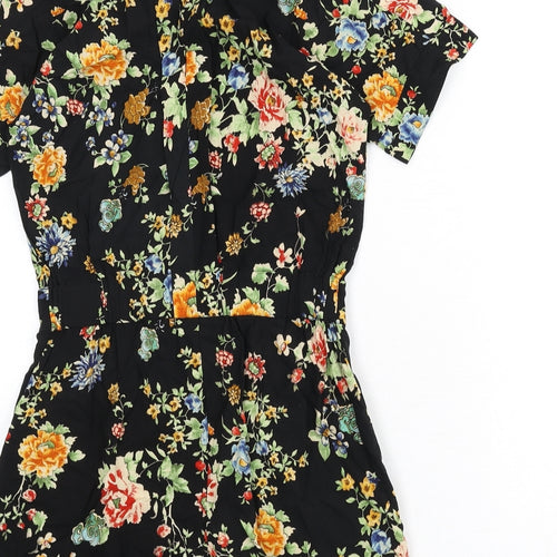 Warehouse Womens Black Floral Viscose Romper One-Piece Size 6 L3 in Button