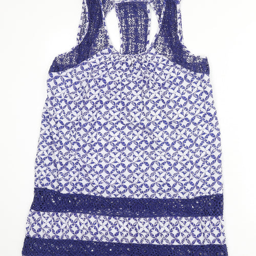 Solitaire Womens Blue Geometric Cotton Cover Up Size L - Lace Trim