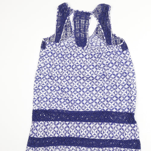 Solitaire Womens Blue Geometric Cotton Cover Up Size L - Lace Trim