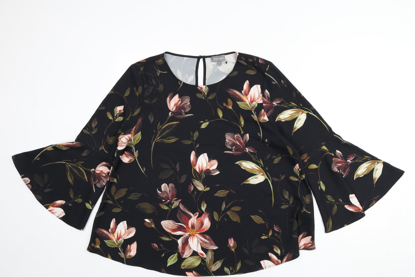 Phase Eight Womens Black Floral Polyester Basic Blouse Size 16 Round Neck - Flared Sleeves