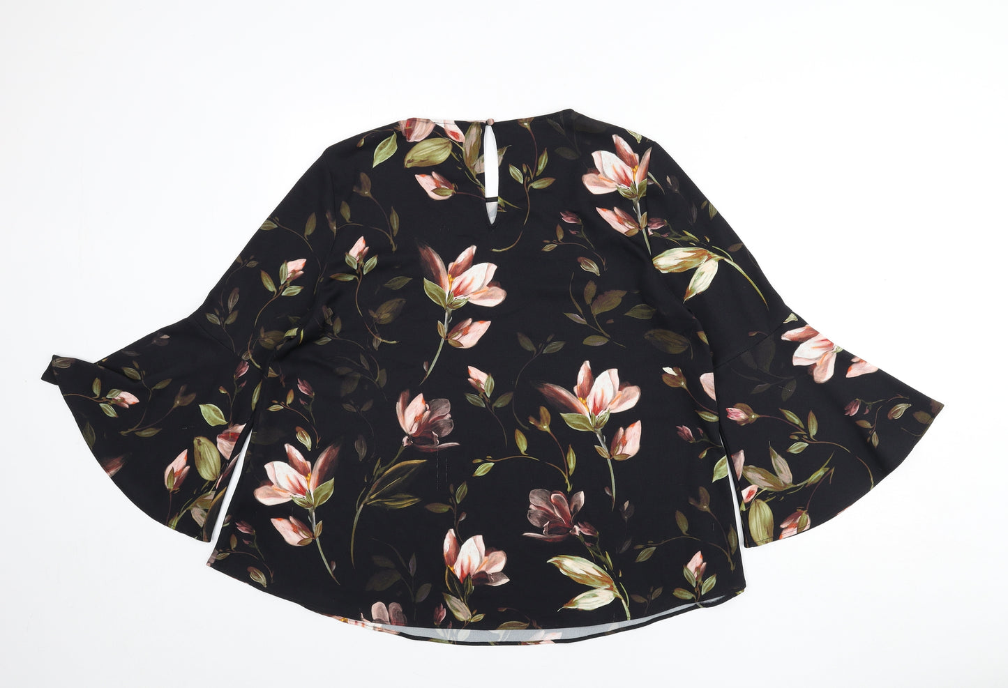 Phase Eight Womens Black Floral Polyester Basic Blouse Size 16 Round Neck - Flared Sleeves