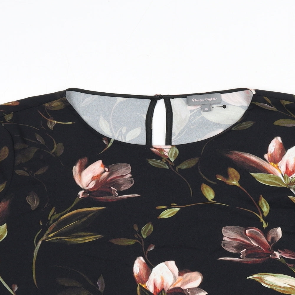 Phase Eight Womens Black Floral Polyester Basic Blouse Size 16 Round Neck - Flared Sleeves