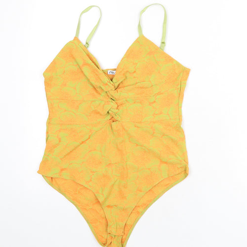 Zara Womens Orange Floral Polyester Bodysuit One-Piece Size L Snap - Knot Front