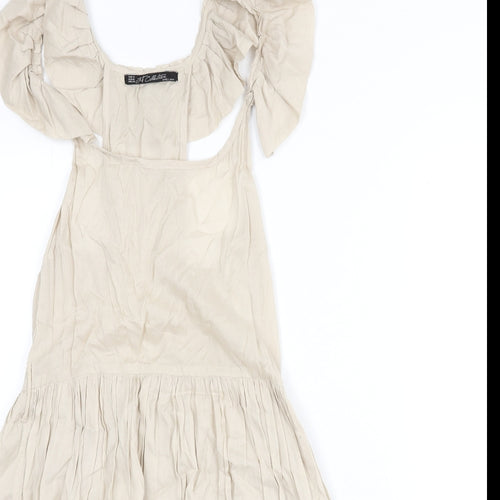 Zara Womens Beige Viscose A-Line Size M Scoop Neck Zip - Ruffle Detail