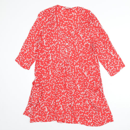 Capri Womens Red Floral Viscose A-Line Size 14 Scoop Neck Button