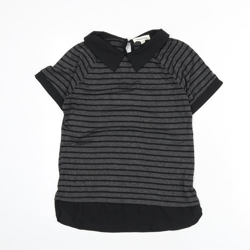 Monteau Womens Grey Striped Viscose Basic T-Shirt Size M Collared