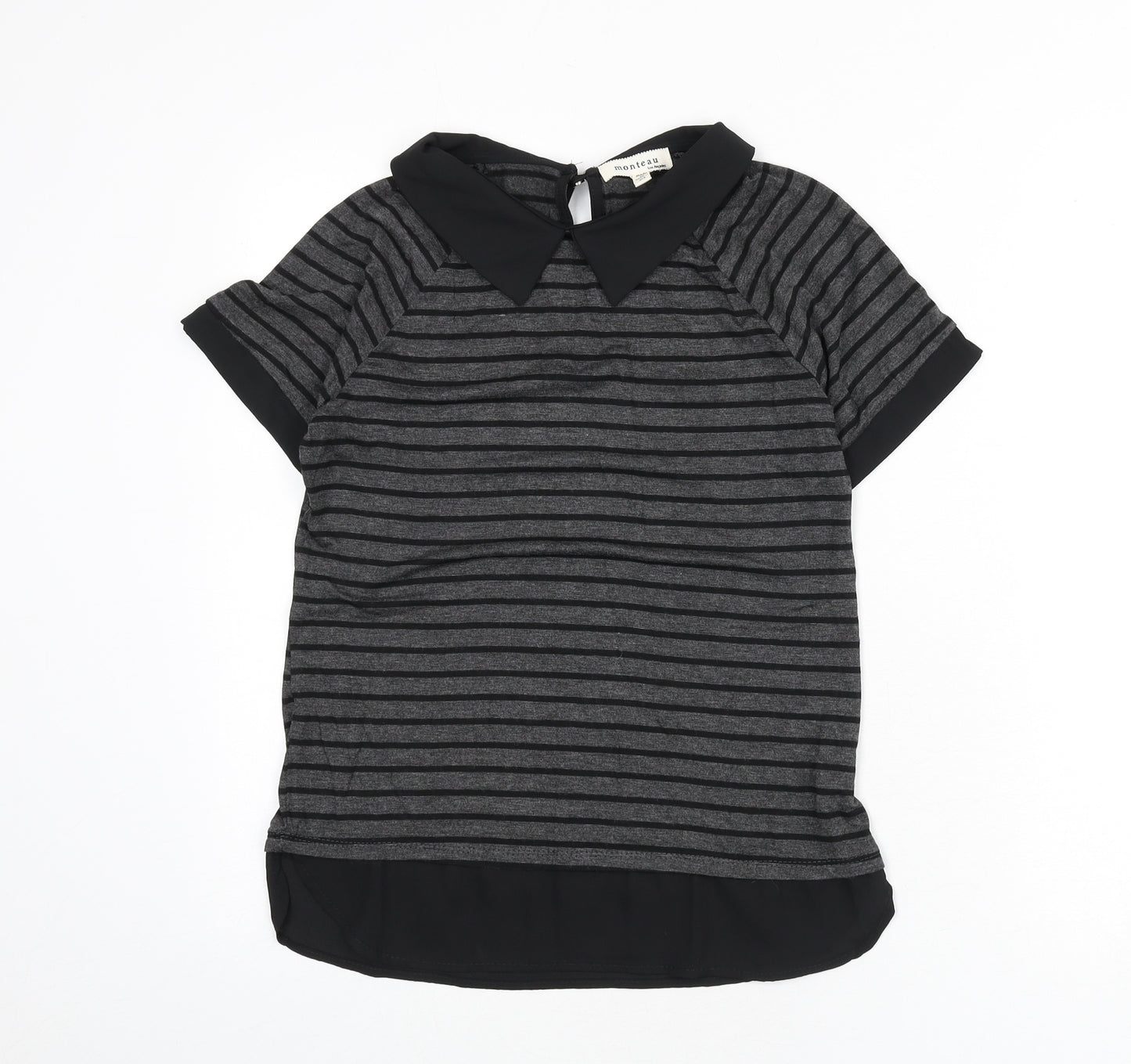 Monteau Womens Grey Striped Viscose Basic T-Shirt Size M Collared
