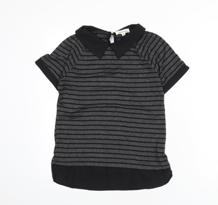 Monteau Womens Grey Striped Viscose Basic T-Shirt Size M Collared