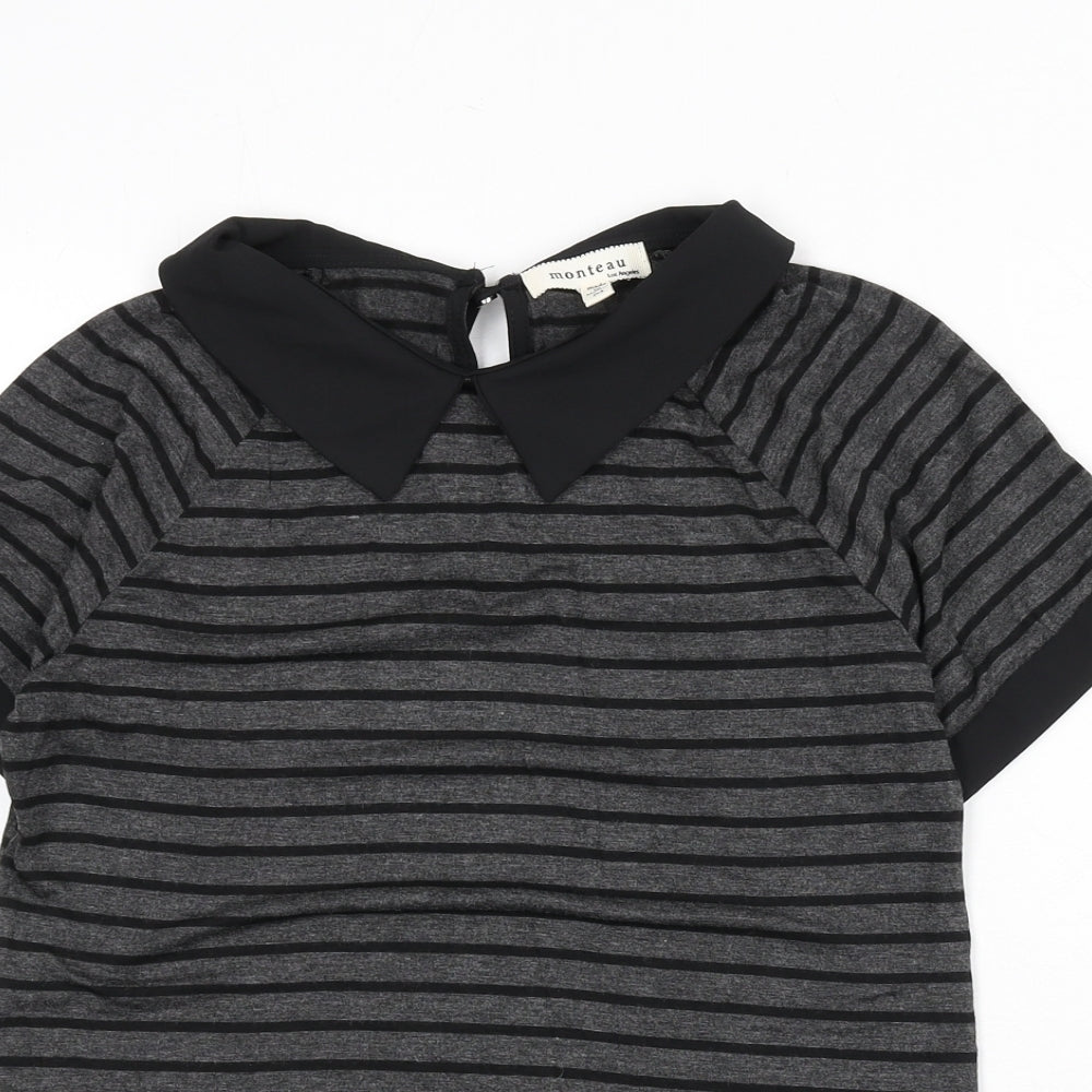 Monteau Womens Grey Striped Viscose Basic T-Shirt Size M Collared