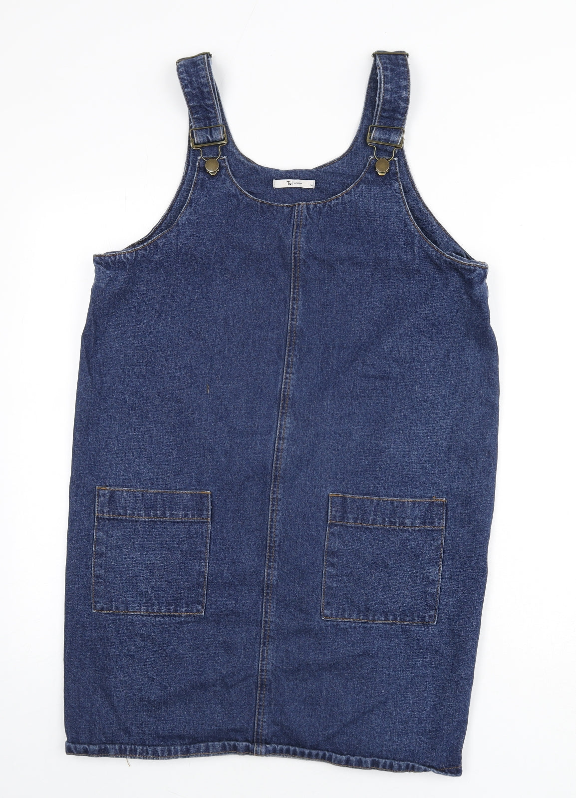 TU Womens Blue 100% Cotton Pinafore/Dungaree Dress Size 14 Square Neck Buckle