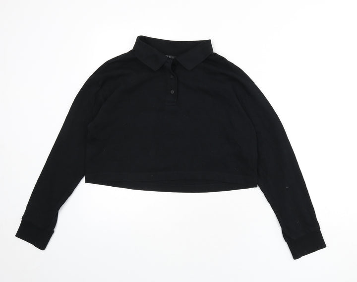 Zara Womens Black 100% Cotton Cropped Polo Size S Collared