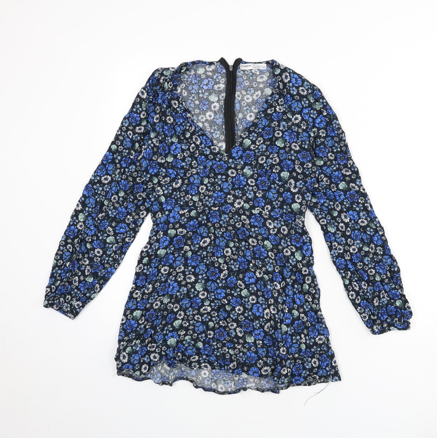Pull&Bear Womens Blue Floral Viscose Mini Size L V-Neck Zip