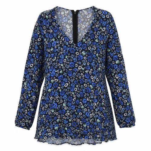 Pull&Bear Womens Blue Floral Viscose Mini Size L V-Neck Zip