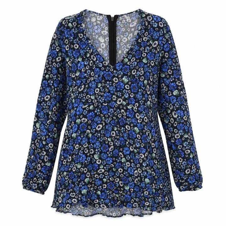 Pull&Bear Womens Blue Floral Viscose Mini Size L V-Neck Zip