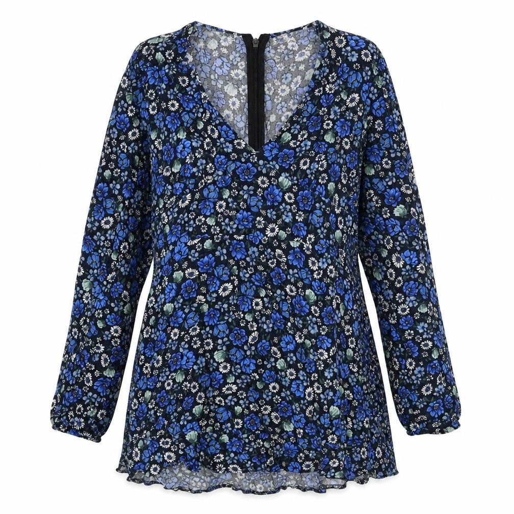Pull&Bear Womens Blue Floral Viscose Mini Size L V-Neck Zip