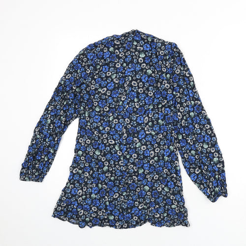 Pull&Bear Womens Blue Floral Viscose Mini Size L V-Neck Zip