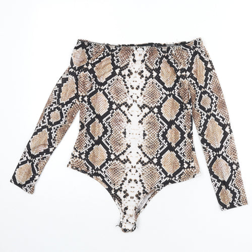 PRETTYLITTLETHING Womens Multicoloured Animal Print Polyester Bodysuit One-Piece Size 10 Snap - Snake Skin Print