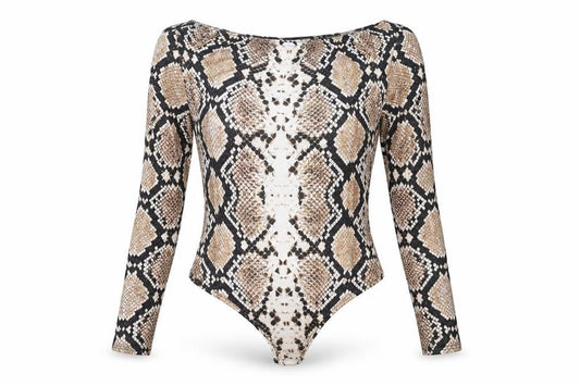 Front view of PRETTYLITTLETHING women’s multicoloured animal print polyester bodysuit one-piece, snap - snake skin print