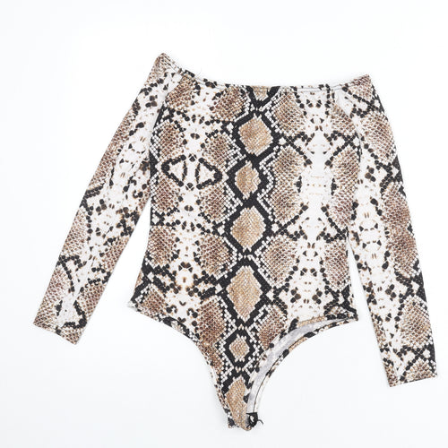PRETTYLITTLETHING Womens Multicoloured Animal Print Polyester Bodysuit One-Piece Size 10 Snap - Snake Skin Print