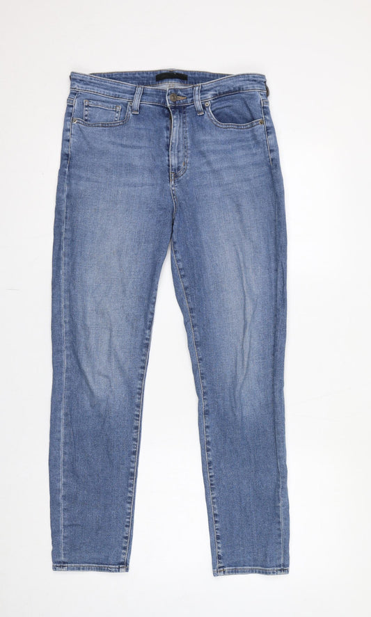 Front view of Uniqlo women’s blue cotton cropped jeans, size UK 28, in, 28-inch leg regular zip