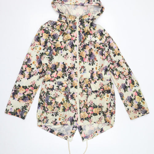 Brave Soul Womens Ivory Floral Rain Coat Coat Size 12 Zip - Hooded