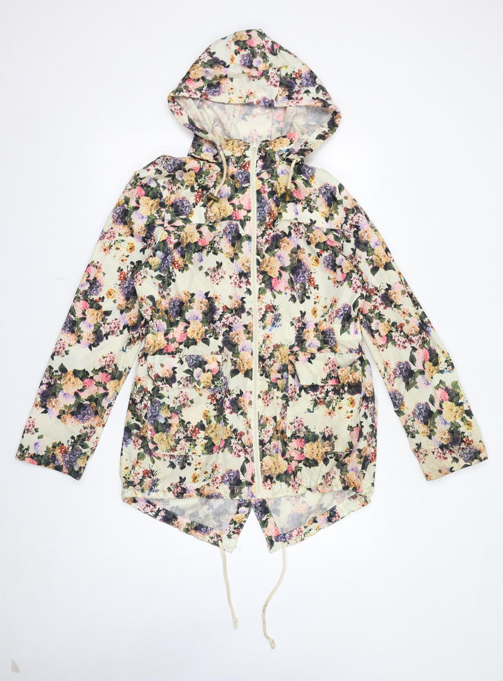 Brave Soul Womens Ivory Floral Rain Coat Coat Size 12 Zip - Hooded