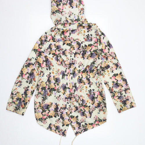 Brave Soul Womens Ivory Floral Rain Coat Coat Size 12 Zip - Hooded