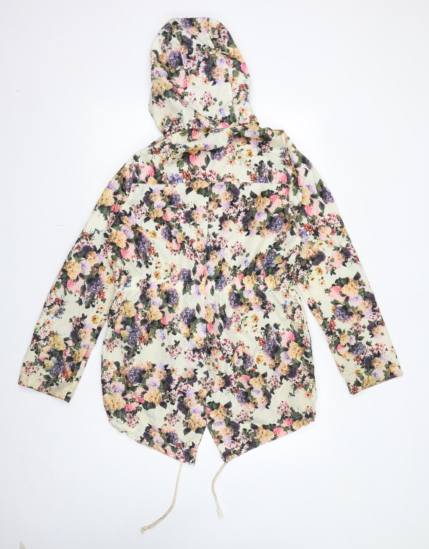 Brave Soul Womens Ivory Floral Rain Coat Coat Size 12 Zip - Hooded