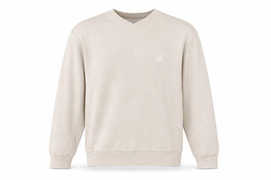 Front view of IZOD men’s beige cotton pullover sweatshirt, size S, - embroided, logo