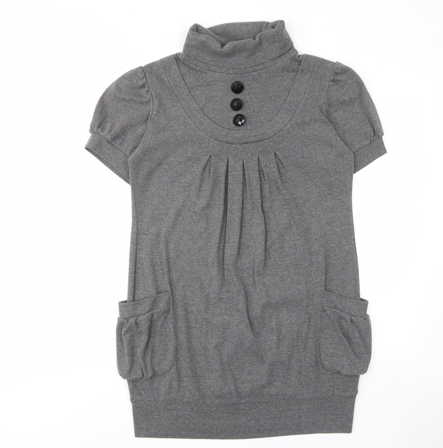 Apricot Womens Grey Polyester A-Line Size S Roll Neck Pullover - Pockets, Pleated, Buttons