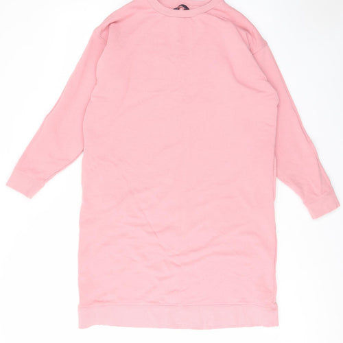 Marks and Spencer Womens Pink Cotton Jumper Dress Size 14 Crew Neck Pullover - Pockets