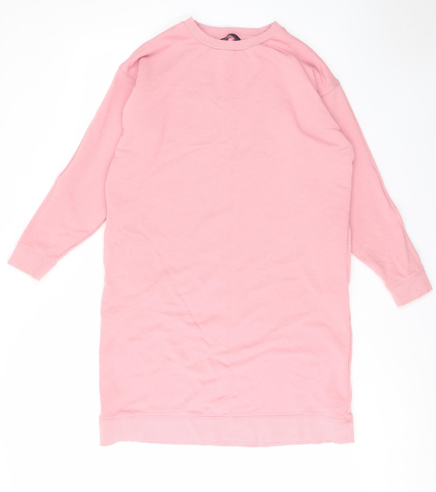 Marks and Spencer Womens Pink Cotton Jumper Dress Size 14 Crew Neck Pullover - Pockets