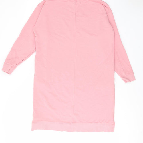 Marks and Spencer Womens Pink Cotton Jumper Dress Size 14 Crew Neck Pullover - Pockets