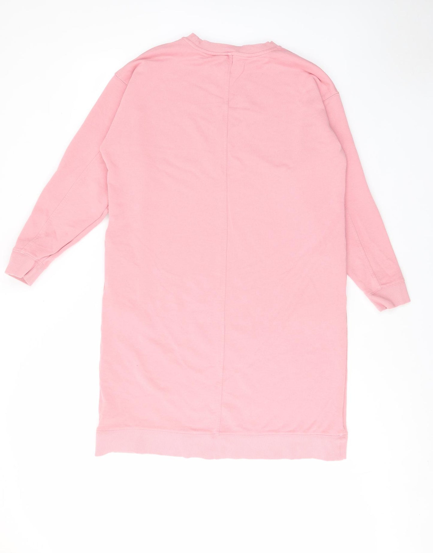 Marks and Spencer Womens Pink Cotton Jumper Dress Size 14 Crew Neck Pullover - Pockets