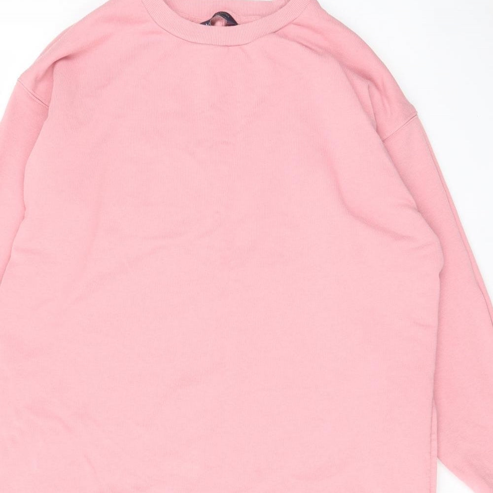 Marks and Spencer Womens Pink Cotton Jumper Dress Size 14 Crew Neck Pullover - Pockets