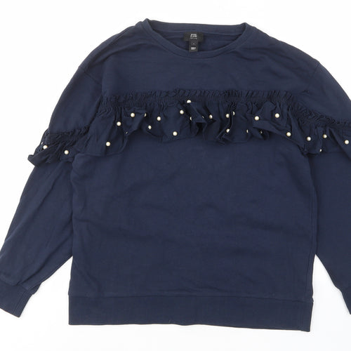 River Island Womens Blue Cotton Pullover Sweatshirt Size L Pullover - Frill, Beaded