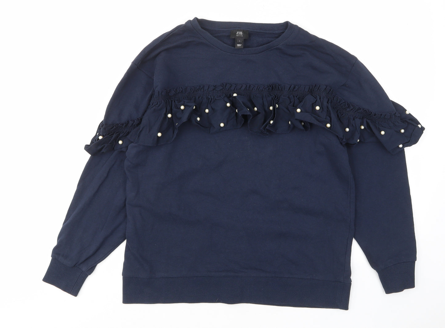 River Island Womens Blue Cotton Pullover Sweatshirt Size L Pullover - Frill, Beaded