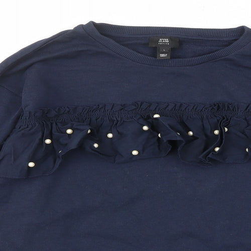 River Island Womens Blue Cotton Pullover Sweatshirt Size L Pullover - Frill, Beaded