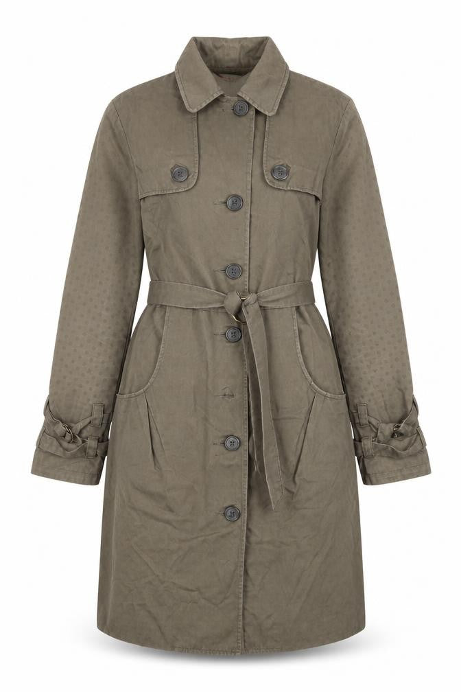 Front view of ELLE women’s green polka dot overcoat coat, size UK 10, button - pockets, collared, buttons, belted