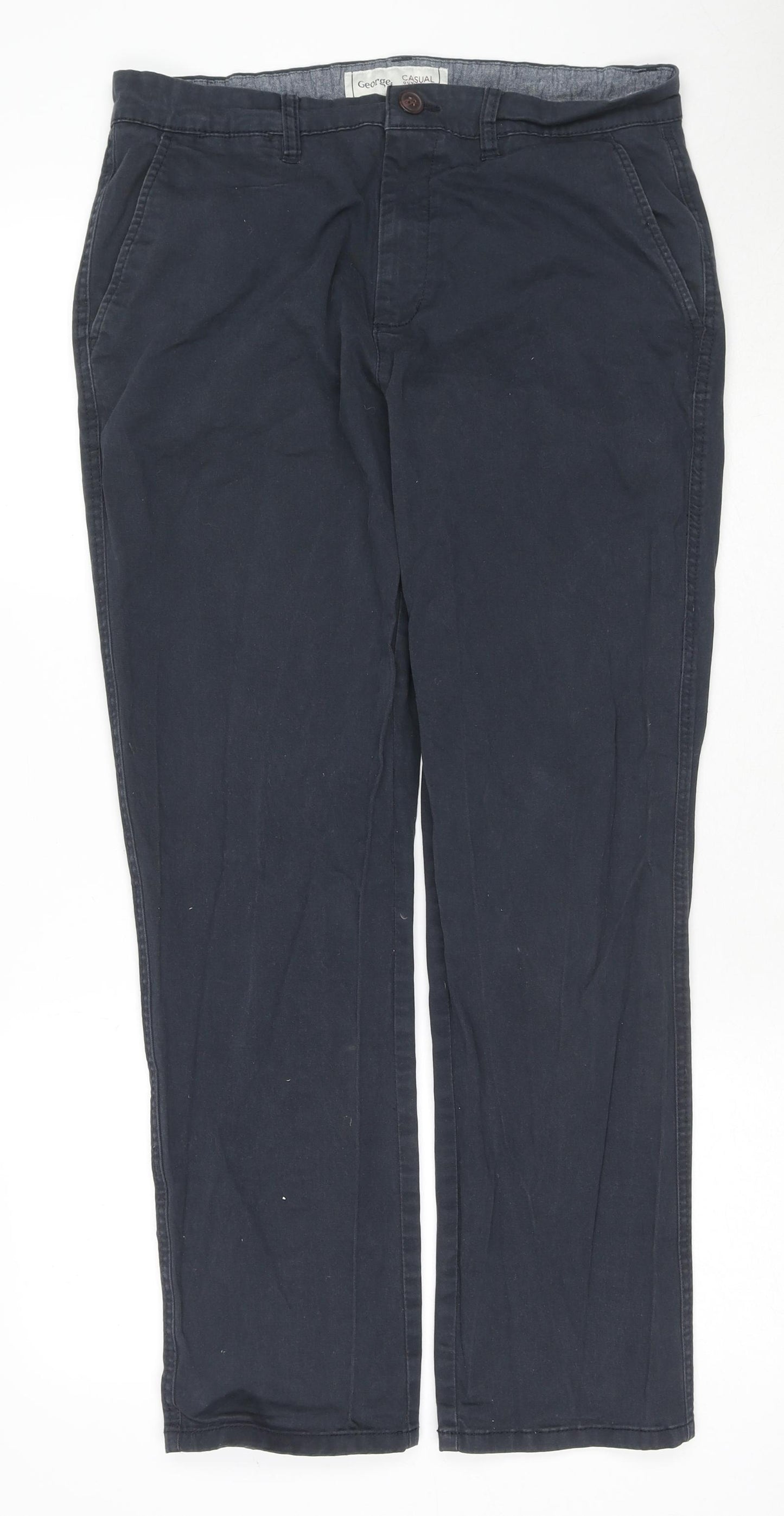 George Mens Blue Cotton Trousers Size 34 in L30 in Regular Zip