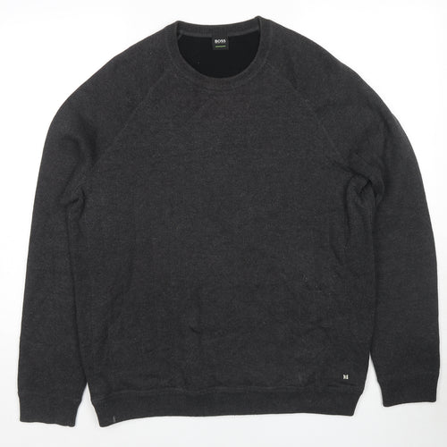 HUGO BOSS Mens Grey Round Neck Cotton Pullover Jumper Size L Long Sleeve