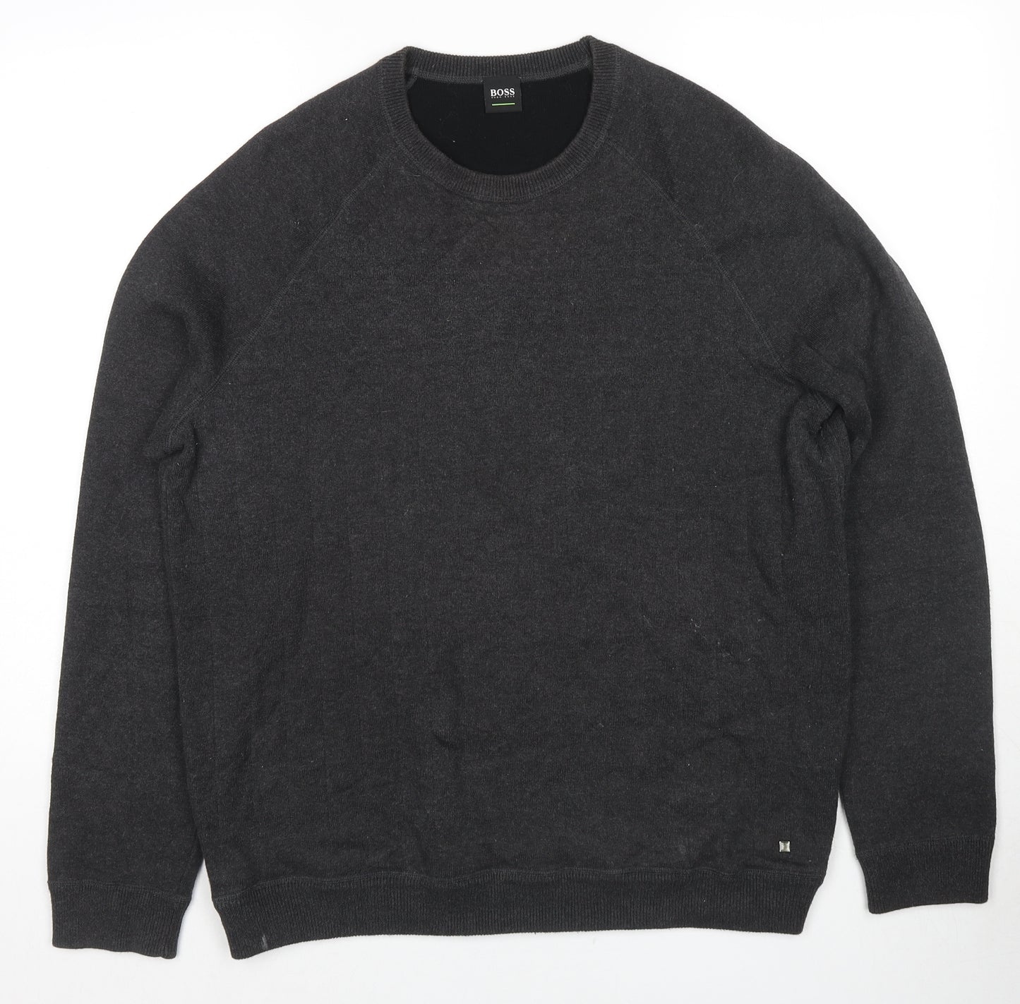 HUGO BOSS Mens Grey Round Neck Cotton Pullover Jumper Size L Long Sleeve