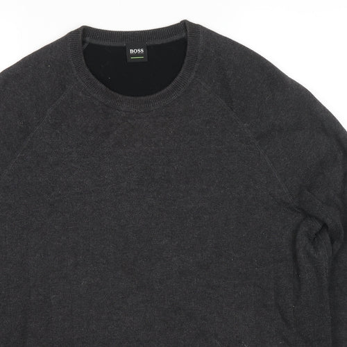 HUGO BOSS Mens Grey Round Neck Cotton Pullover Jumper Size L Long Sleeve
