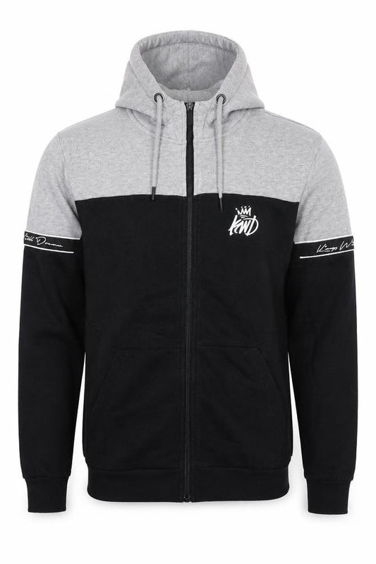 Front view of Kings Will Dream men’s black cotton full zip hoodie, size S